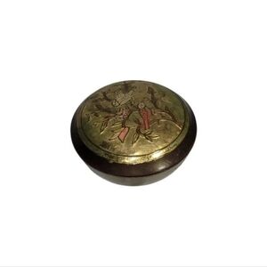Vintage Solid Brass Round Trinket Box with Lid Hand Painted Enamel Birds India